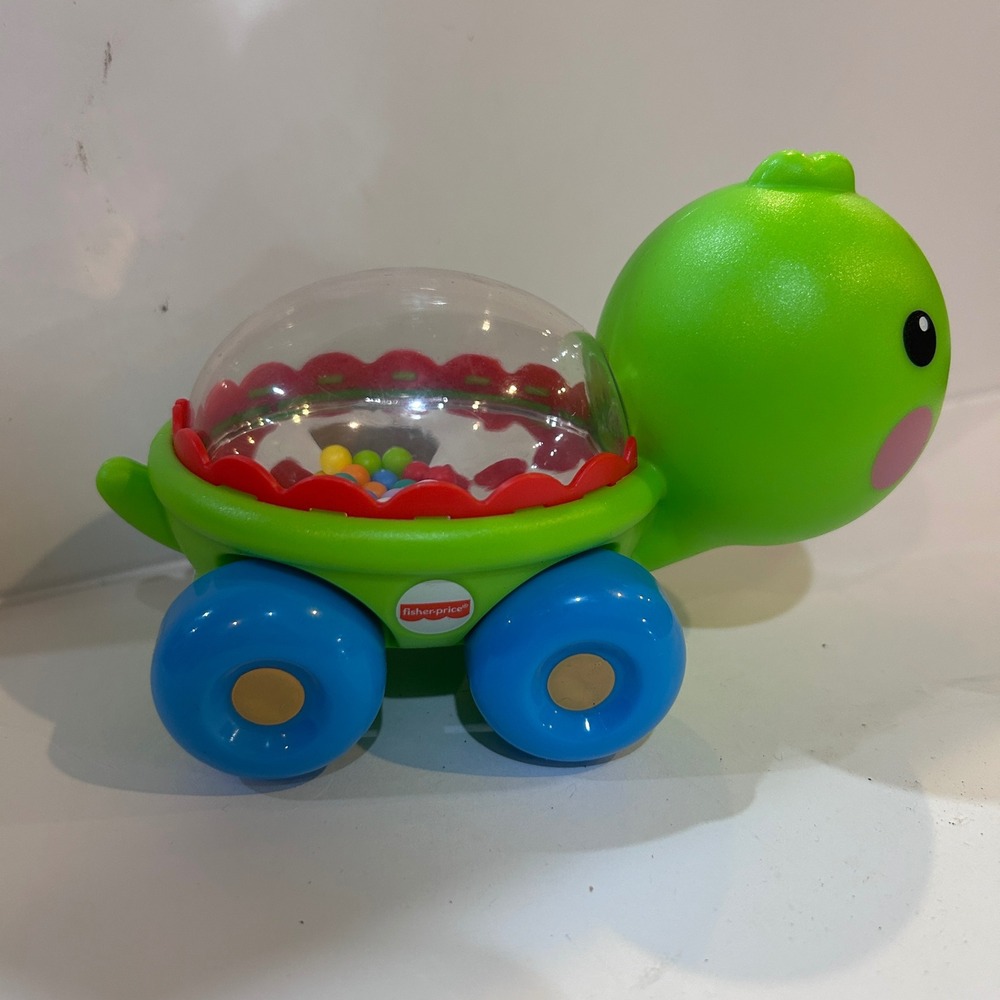 Fisher Price Turtle Push Toy Rolling‎ Rattle Beads Green Blue Pop Pop